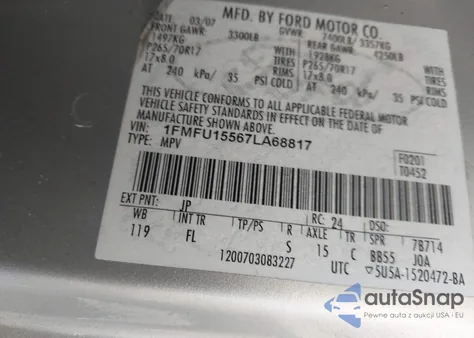 2007 Ford Expedition Xlt z USA, uszkodzony, nr VIN 1FMFU15567LA68817